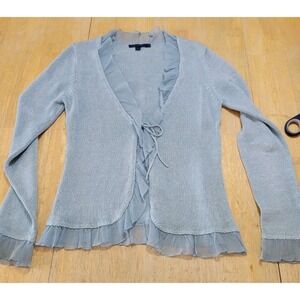 Boden Open Front Linen Silk Blend Cardigan Blue Size 10 Ruffles Cottagecore